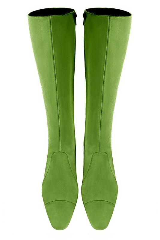 Grass green women's feminine knee-high boots. Round toe. Flat block heels. Made to measure. Top view - Florence KOOIJMAN